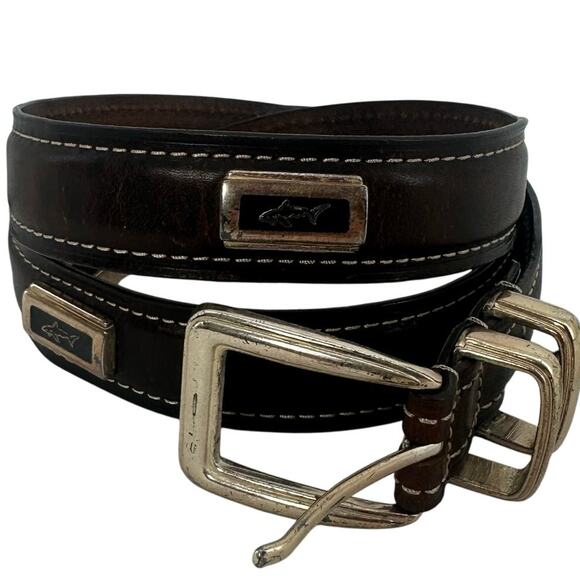 Greg Norman Brown Leather Belt Size 38 Shark Logo Embellished Casual Golf Preppy - Picture 1 of 6
